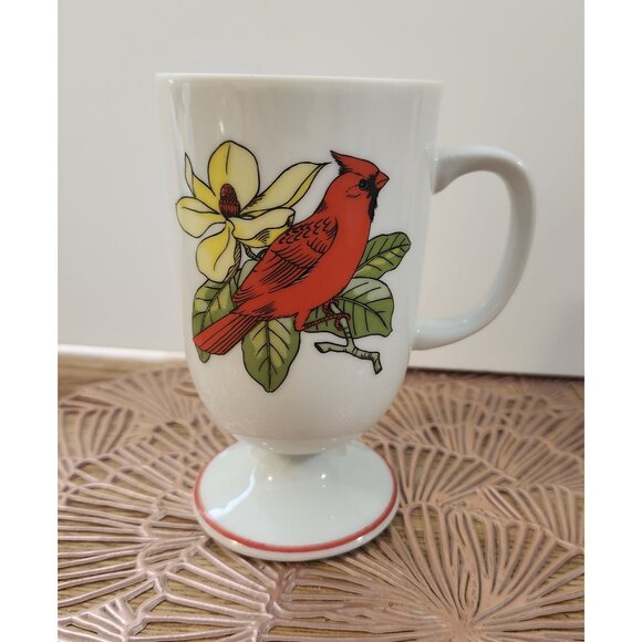 Irish Coffee Mug Red Cardinal Pedestal Handled Cup Bird Yellow Flower - Picture 1 of 8